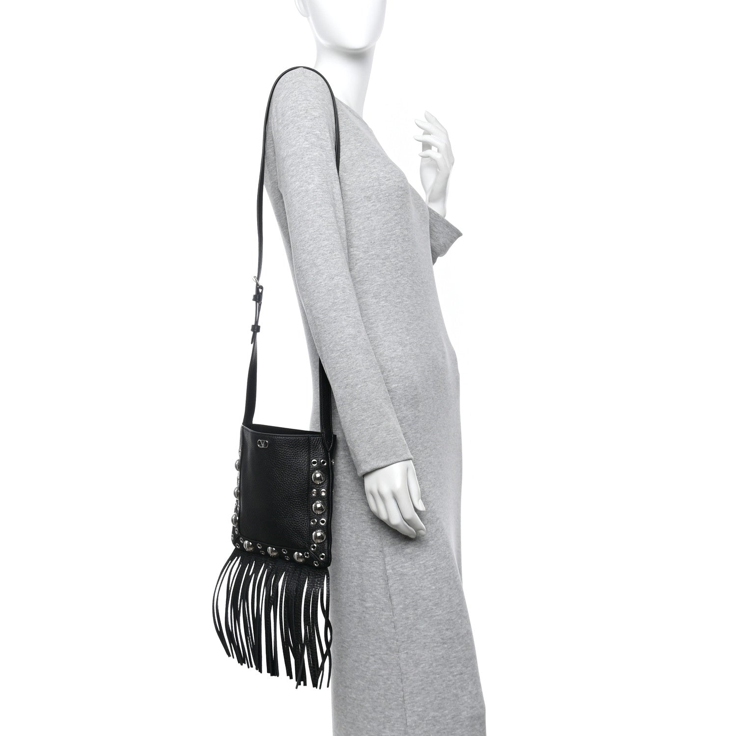 Grained Calfskin Studded Nellcote Fringe Shoulder Bag Black