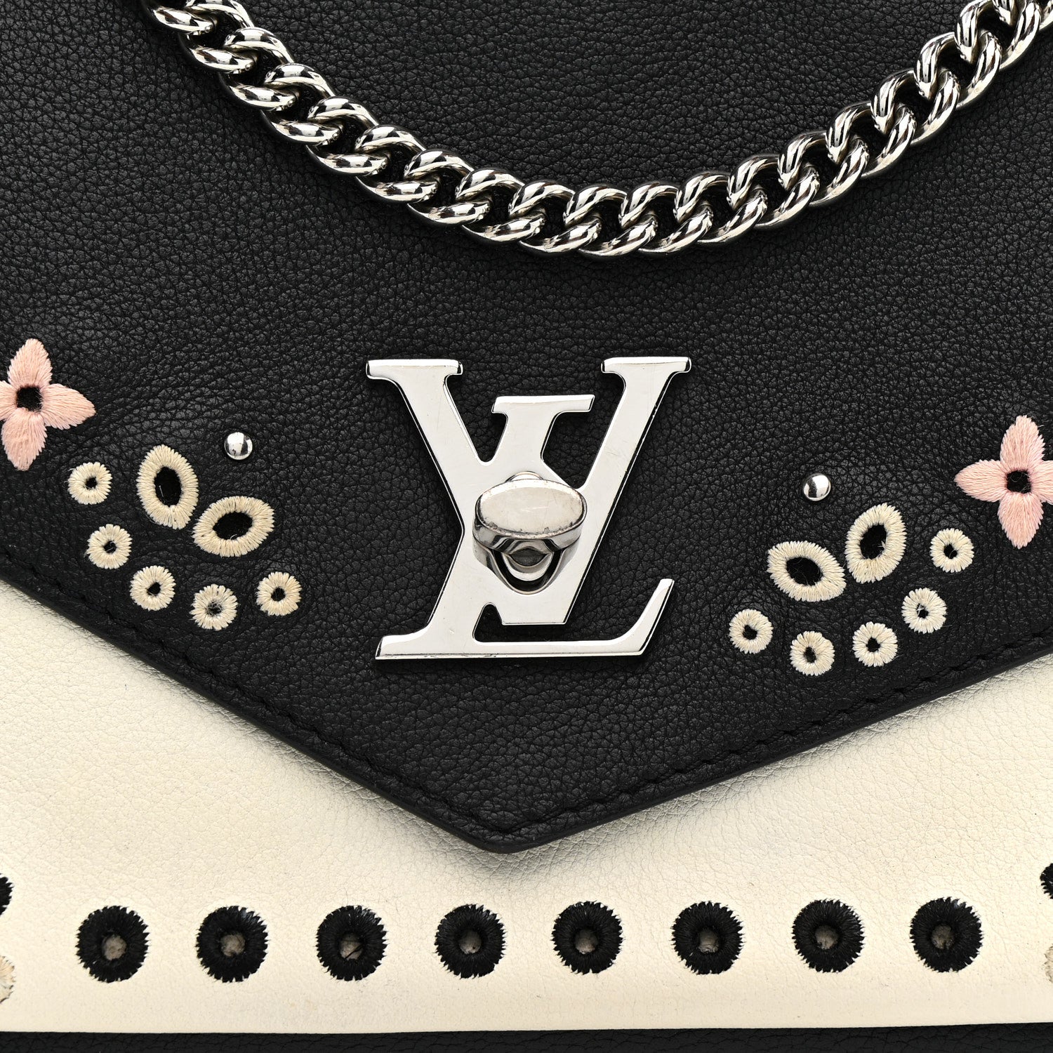 Soft Calfskin Embroidered My Lockme Chain Bag BB Black Snow White