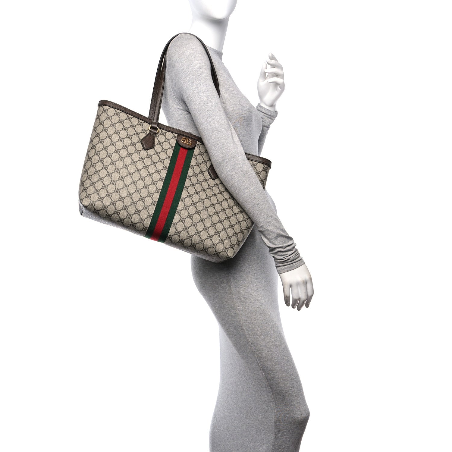 X BALENCIAGA BB Supreme Monogram Web Medium Ophidia Shopping Tote Beige New Acero