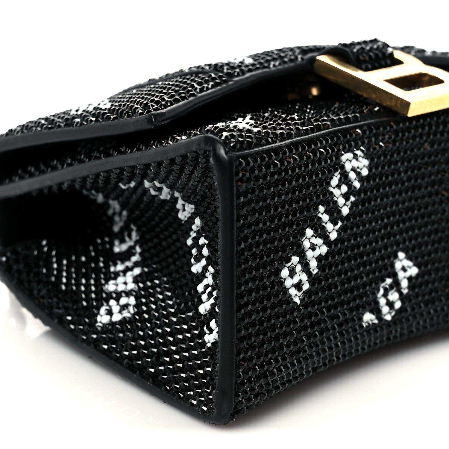 Strass Suede Allover Logo Hourglass Top Handle Bag XS with Chain Black White