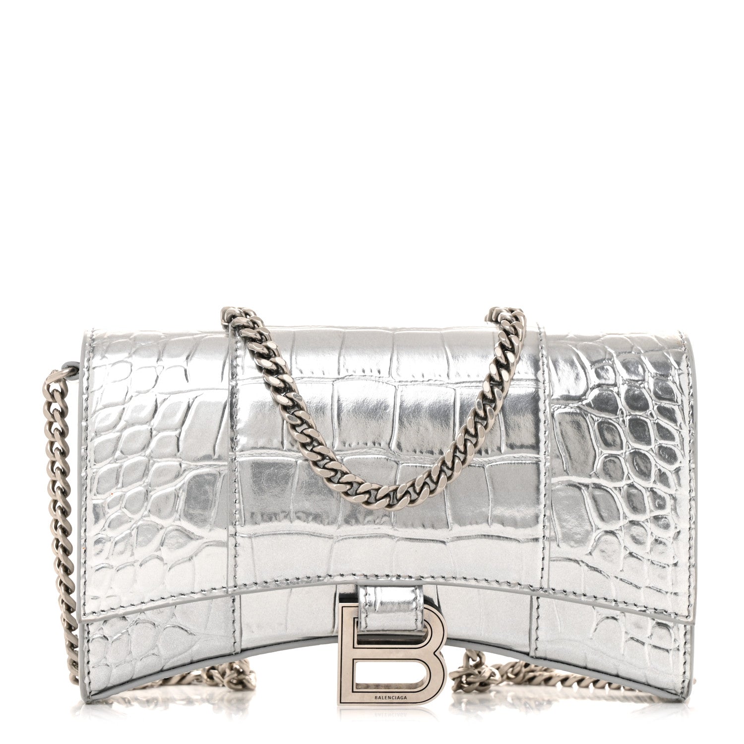 Metallic Calfskin Crocodile Embossed Hourglass Chain Bag Silver