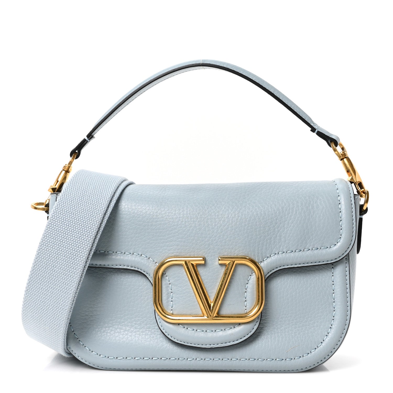 Pebbled Calfskin Vlogo Small Top Handle Shoulder Bag Blu Porcellana