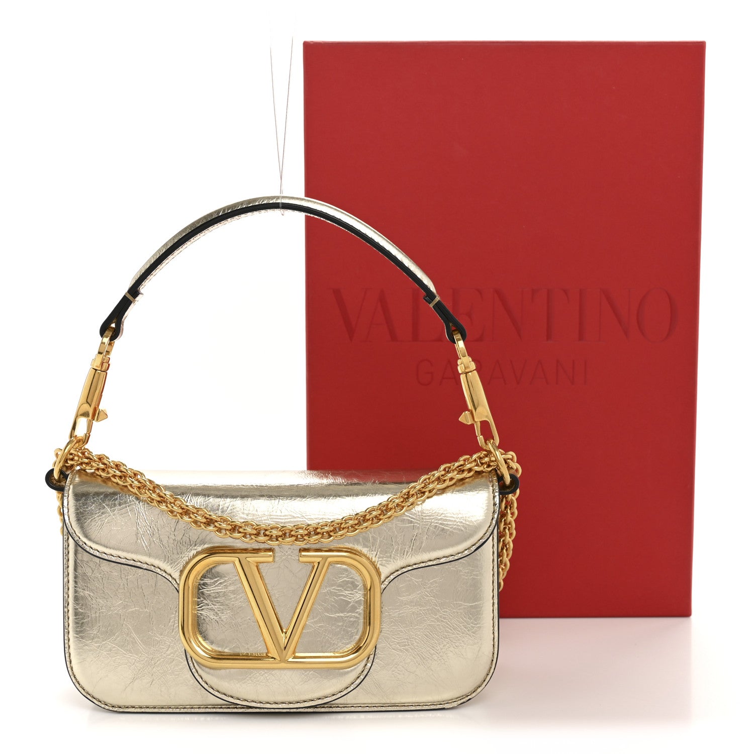 Metallic Crackle Effect Calfskin Vlogo Small Loco Shoulder Bag Platino